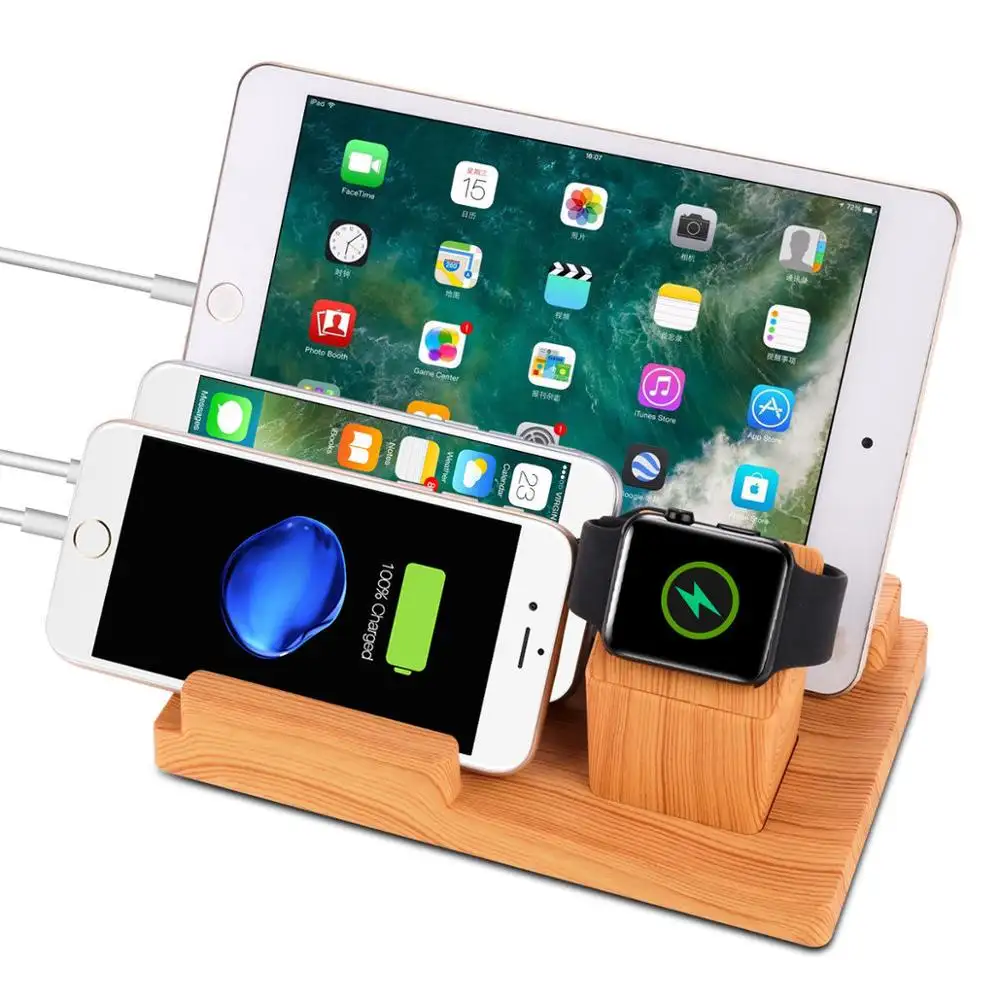 Soporte de madera de bambú 4 en 1 para IPhone, IPad, IPod, Apple Watch, USB, 4 puertos, estación de carga, soporte de plataforma