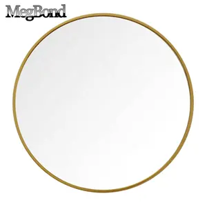 薄圆形铝框墙镜，拉丝黄铜色用于简单装饰墙镜