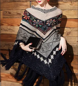 P18C24TR Nepal scarf wool cashmere poncho knit cover-up with tassels