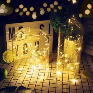 Guirlande lumineuse led en fil de couleur argent pur 2m, 20 ampoules, pour bouteille de vin, avec liège, fonctionnement à piles, lumière féerique étoilée pour fête et vacances
