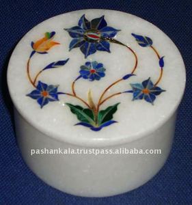 Boîte à pilules ronde en marbre blanc italien et nacre bleue naturelle, personnalisable, pour la vente en gros et l'exportation - Product Image 1