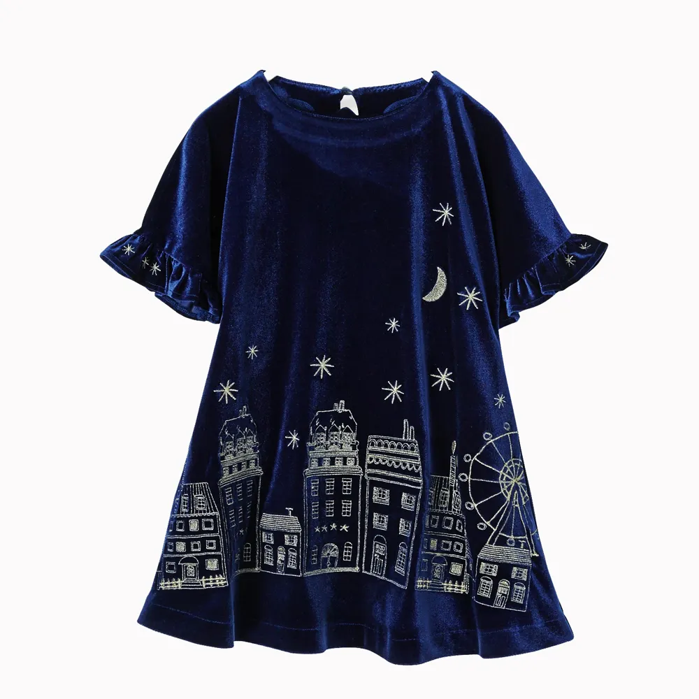 Fashion style girls dress dark blue color 2-10 years kids velvet dress with embroidery