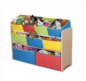 Multi Color Eco Friendly Cheap 3 Tier Wooden Fabric Kid Child Toy Organizer with 9 Storage Bins