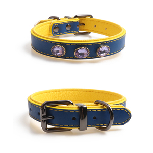 Collar de perro con hebilla de metal dorado y cuero auténtico, collar de perro con diamantes de cristal ostentosos personalizados, Amigo - Product Image 2