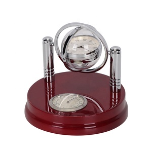 Swiveling Round Wood Base <strong>Globe</strong> <strong>Desk</strong> <strong>Clock</strong> with Thermometer - Product Image 1