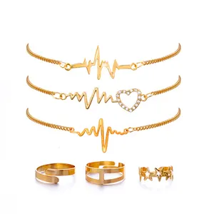 Gold Heart Beat Bracelet Sets For Women Fashion Crystal Heart Bracelets Rings Set (KB8011)