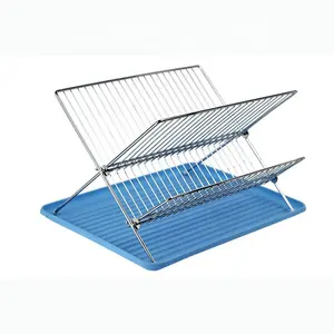 BX Group foldable 2 tier kitchen dish holding rack flat blue plastic dish tray