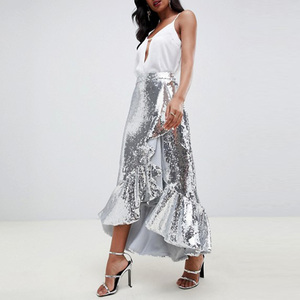 High Shine Embroidered Natural Waist Casual High Low <strong>Skirt</strong> in <strong>Silver</strong> Ladies Metallic Maxi <strong>Skirt</strong> - Product Image 2