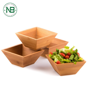 Ensaladera de madera de bambú grande ecológica, reutilizable, cuadrada, barata, con 4 Uds.