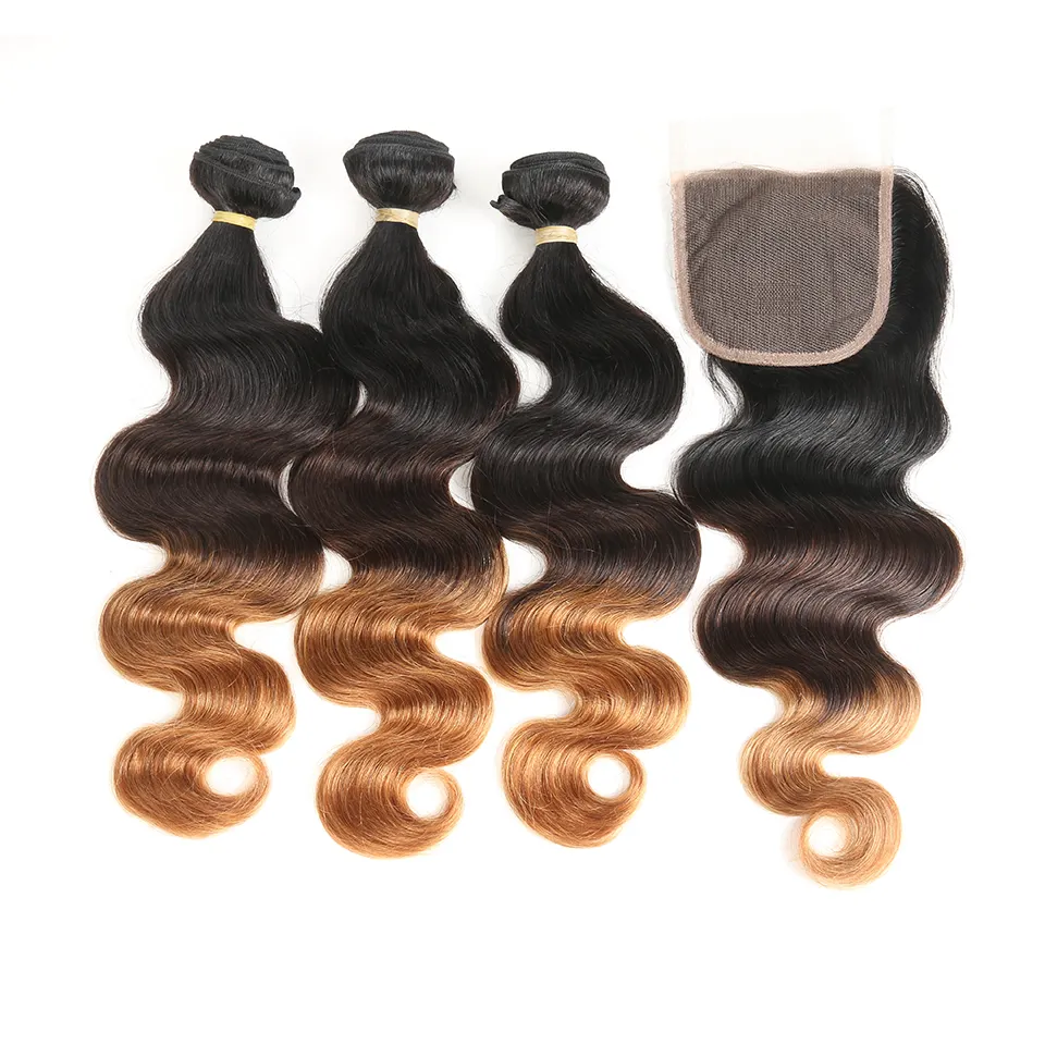 Hot Selling Ombre 3 Tones Brazilian Body Wave Hair Wefts Virgin Brazilian Hair Bundle Weave With 4 × 4 Closure Free Part