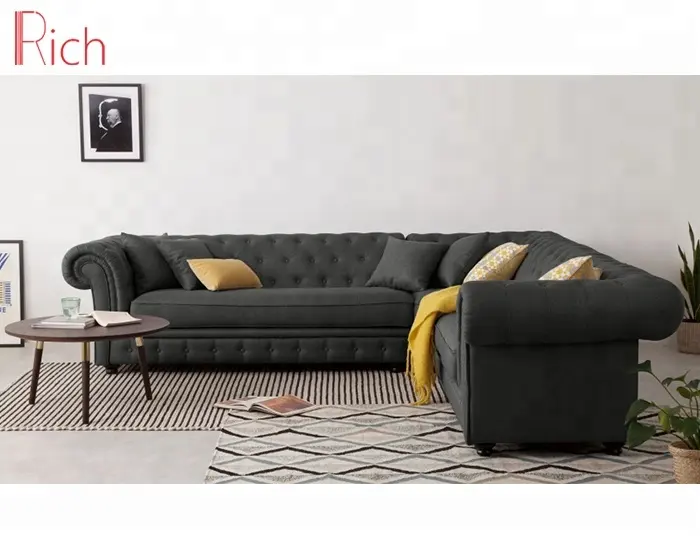Grijze Stof Fluwelen Roll Arm Getuft Hoek Couch Italiaanse Moderne Nieuwe Ontwerp Hoek L Vorm Sofa