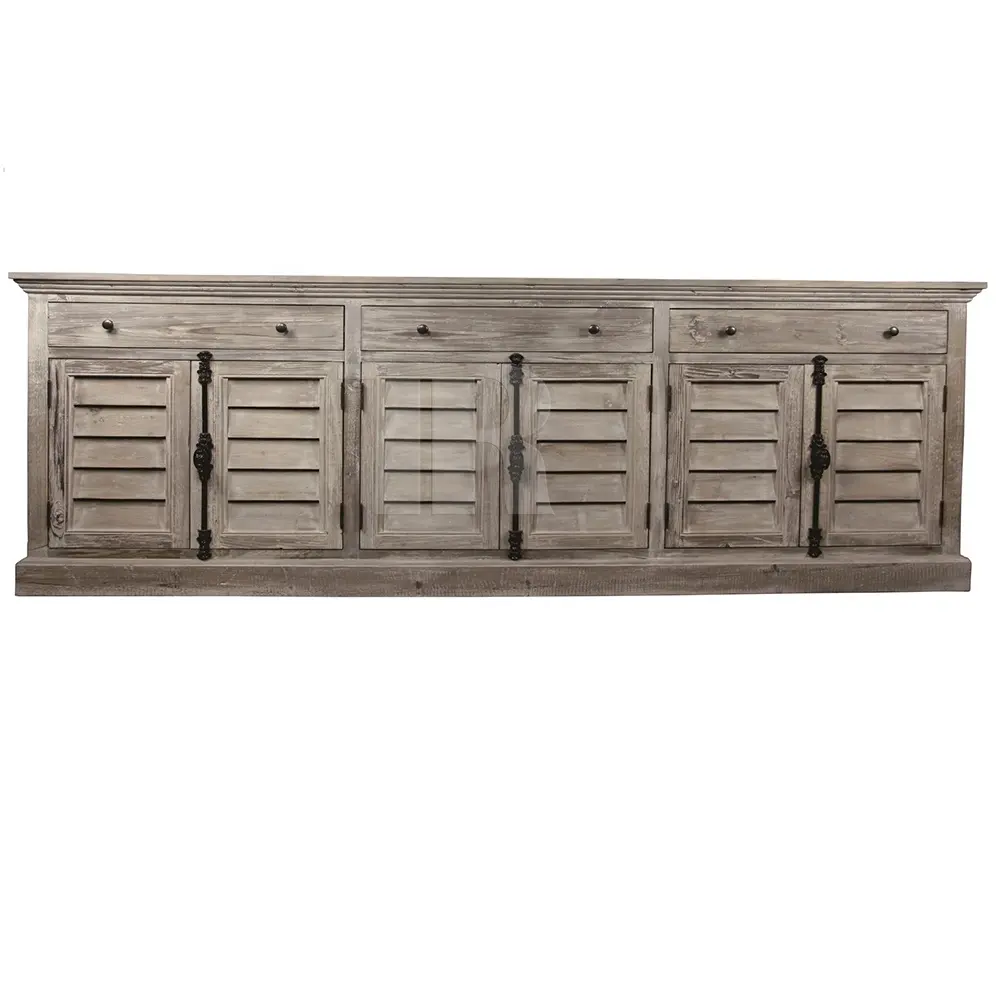 Shabby Chic Aparador Cửa Trập Dày Với 3 Ngăn Kéo Gỗ Rắn Cổ Buffet Tủ Sideboard