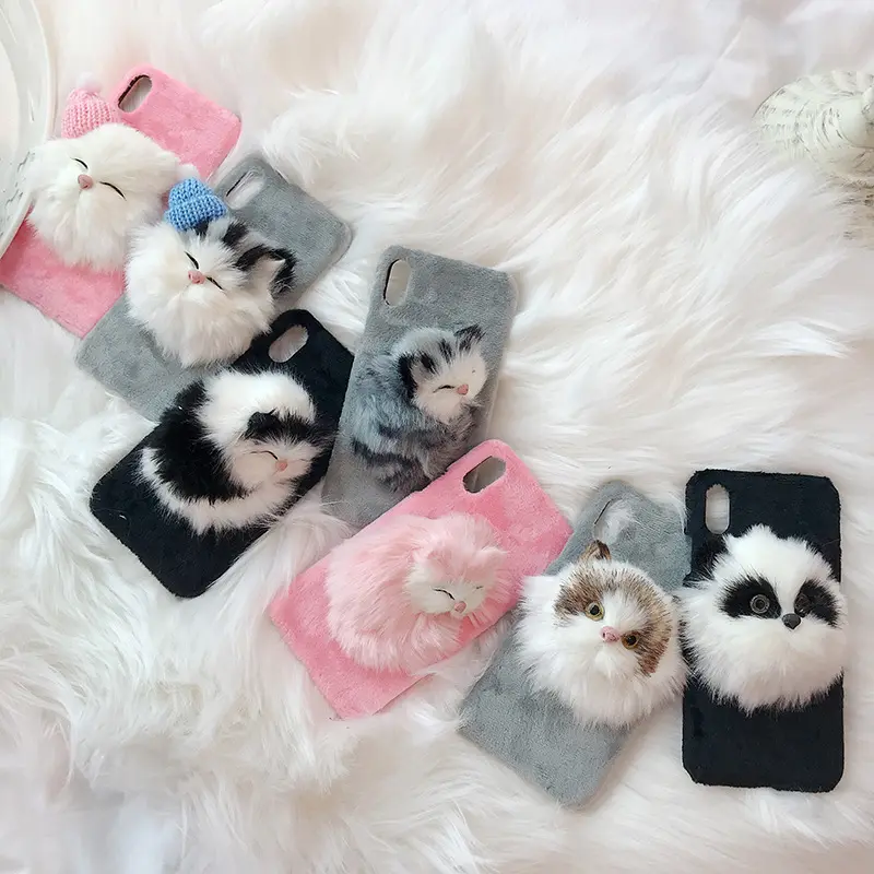 Shockproof Cute cat 3D animal TPU+Fur phone case for iPhone 6 7/8 6plus 7 plus XS XR XS Max cell phone cover accessories