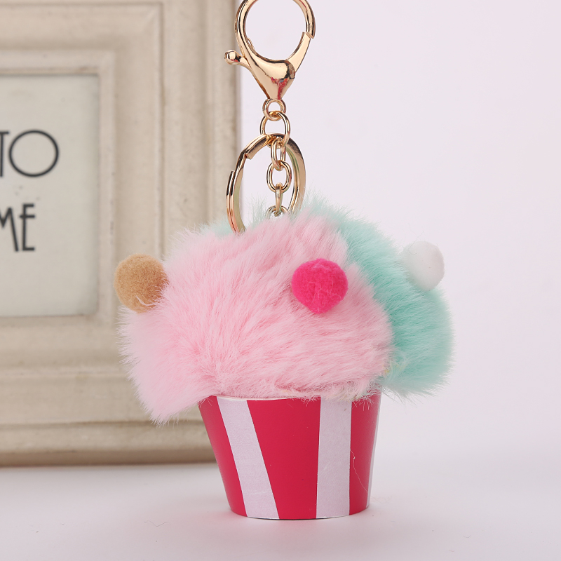 Симпатичный розовый брелок-подвеска в виде чашки торта женский брелок-держатель цепочки с помпонами