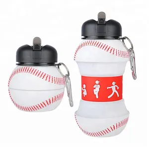 Baseball Silicone Collapsible BPA Free Sports Water Bottle With Straw