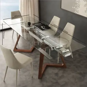 Mesa de jantar de madeira design italiano, pés de madeira, espelhados, extensíveis, de vidro temperado