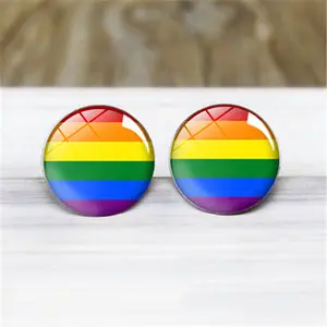 Boucles d'oreilles pour femmes, bijoux en argent sterling, Cabochon en verre, drapeau arc-en-ciel, bijoux Gay