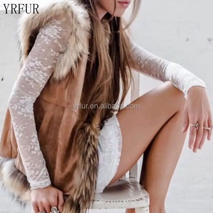 YR098 Pig Suede with Raccoon Fur Trimming Vest Fur and Leather Vest