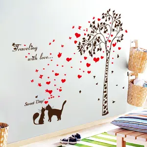 Lovers Kiss Cats Love tree Lounge Living room Hallway 3d PVC Decoration Barcode Customized Die Cut Wall Sticker