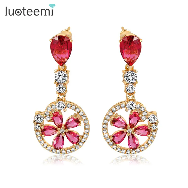 LUOTEEMI Wholesale New Women Luxury Champagne Gold Lucky Elegant Ruby Color Cubic Zirconia Wedding Fancy Drop Earrings