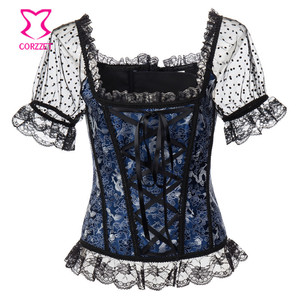 21722 Mavi Kısa Kollu Korseler & Bustiers Burlesque 6XL Artı Boyutu Dantel Up Gotik Kostümleri kadın Üstleri Kıyafetler Üzerinde satış Bluz