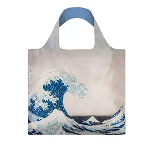 Custom logo delicate Japanese sea wave grocery shopping foldable machine hand wash carry polyester bag
