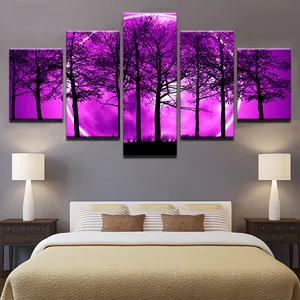 Wall Art Pictures Home Decor Poster Frame 5 Panel Paars Maan Nacht Psychedelische Bos Moderne Woonkamer Hd Gedrukt Schilderen