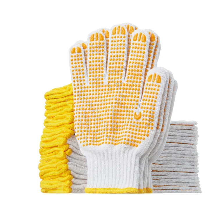 Yellow garden working finger cotton dots guantes con puntos pvc dotted hand work white cotton knitted driving hand gloves