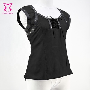 Top Corto <span class=keywords><strong>de</strong></span> Manga Corta con Remaches Estilo Steampunk para Mujer, <span class=keywords><strong>Blusa</strong></span> Sexy <span class=keywords><strong>de</strong></span> Crepé <span class=keywords><strong>de</strong></span> Seda para Combinar con <span class=keywords><strong>Falda</strong></span>, Vestido, Jeans, Corsé Gótico - Product Image 2