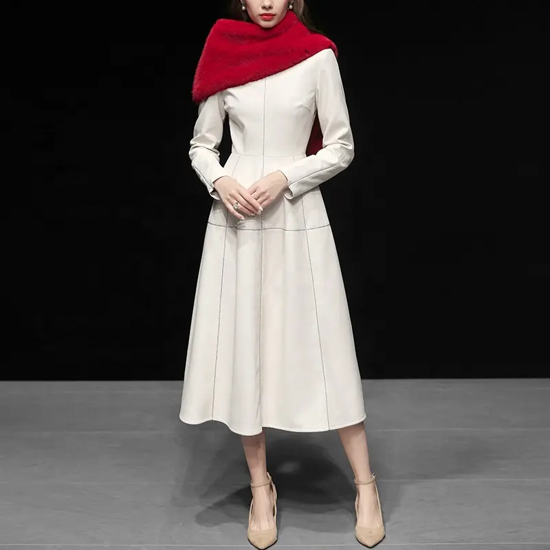 OEM Luxus Frauen Retro Elegante Winter Langarm PU Synthetische Leder Kleid