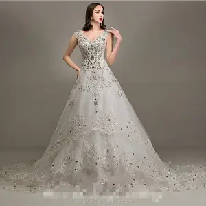 Luxueuse robe de mariée en dentelle coupe A-line avec perles, col en v, sans manches, longueur au sol, avec appliques WD1640