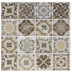 Brown square low price kitchen backsplash wall tile art chip 73x73mm for kitchen backsplash inkjet crystal mosaic glass plates