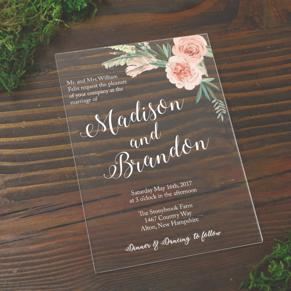 1/8 дюймов изготовление размеров под заказ полноцветная УФ-печать выгравировать прозрачное акриловое приглашение на свадьбу или запчасти