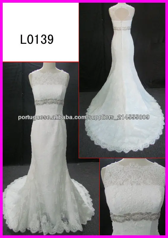 2014 Guangzhou New chegada Slim bainha vestidos de casamento Alençon rendas com cinto beading / fechadura de volta para as mulhe