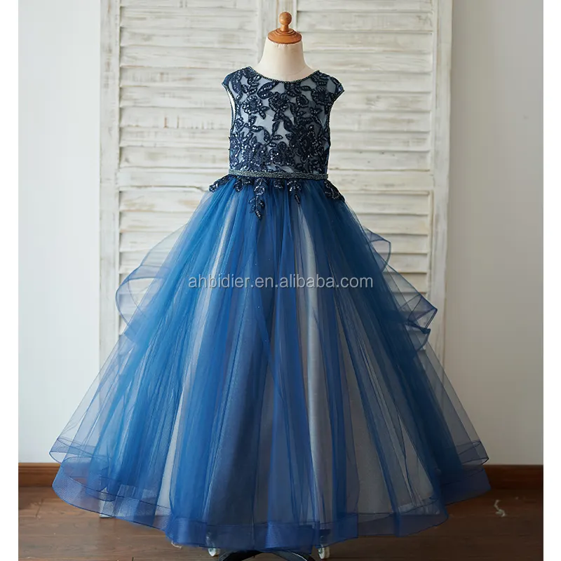 V Back Navy Blue Beaded Lace Tulle Wedding Flower Girl Dress Ball Gown Princess Birthday Party Dress Toddler Baby Girl Dress