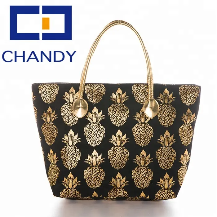 Wholesale Large Metallic Gold Pineapple Print Tote Bag Canvas Beach Bag Pineapple Beach Shoulder Bag