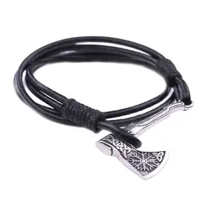 Irish Knots Braided Genuine Leather Viking Valknut And Vegvisir Compass Axe Pendant Bracelet