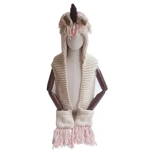 Wholesale 2024 hot sale cute unicorn hooded scarf fashion 7colors cartoon winter warm crochet acrylic knit kids unicorn scarf