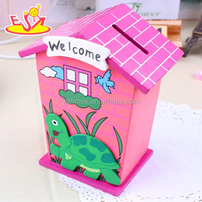 wholesale lovely baby wooden money box cheap children wooden money box with house shape W02A025