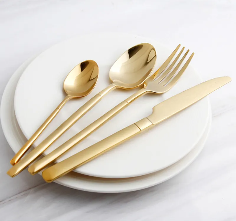 منخفضة موك 18-10 الفولاذ المقاوم للصدأ مجموعة أدوات المائدة ، أنيقة بالجملة مطعم طقم سكاكين ذهبية مجموعة أدوات المائدة