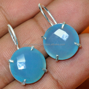 Boucles d'oreilles rondes en calcédoine bleue en argent sterling 925 faites à la main bijoux d'oreille fixe à la mode pour les mariages anniversaires fêtes - Product Image 2