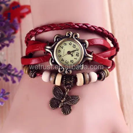 Fashion Ladies Wrist Pendant Watch Vintage Tribe Brass Dial Shell Leather Cord Quartz Bracelet Watch