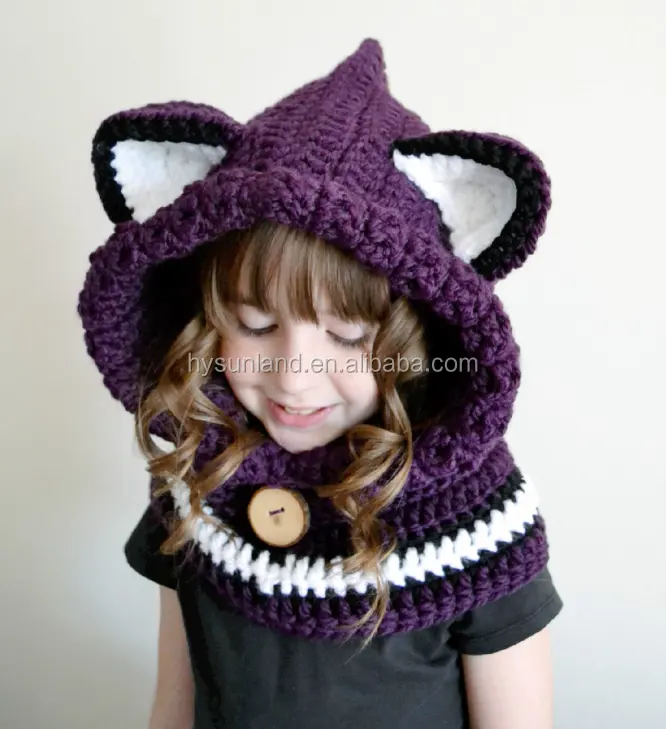 Nhà Máy Giá Thiết Kế Thời Trang Ky4015 Handmade Hoodie Animal Trùm Đầu Cowl Scarf Crochet Chunky Crochet Fox Hat Khăn Quàng Cổ Bộ