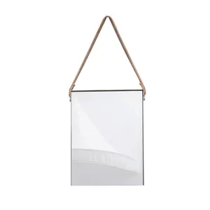Living room decorative silver metal frame rectangle wall mirror with fuax leather strap or real leather all available