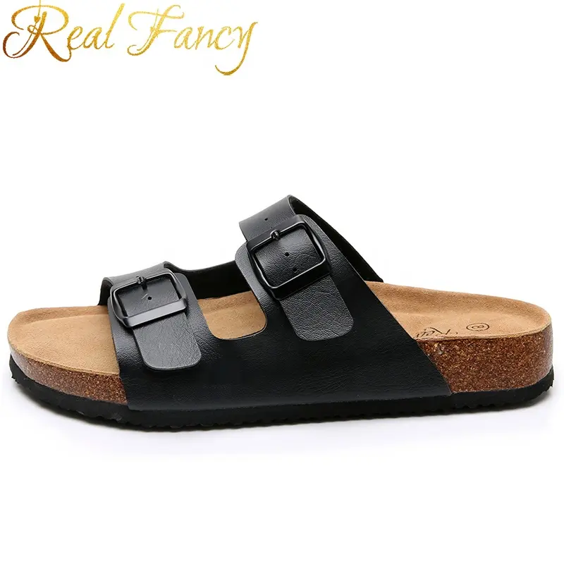 New Design Black Unisex Slides Sandals PU Leather Double Strap Flat Soft Cork Sandals