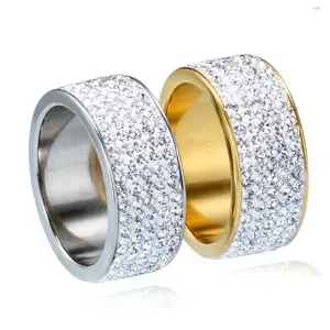 Cincin Kristal 8Mm untuk Wanita, Perhiasan Cincin Pernikahan Modis Bahan Baja Tahan Karat 5 Baris