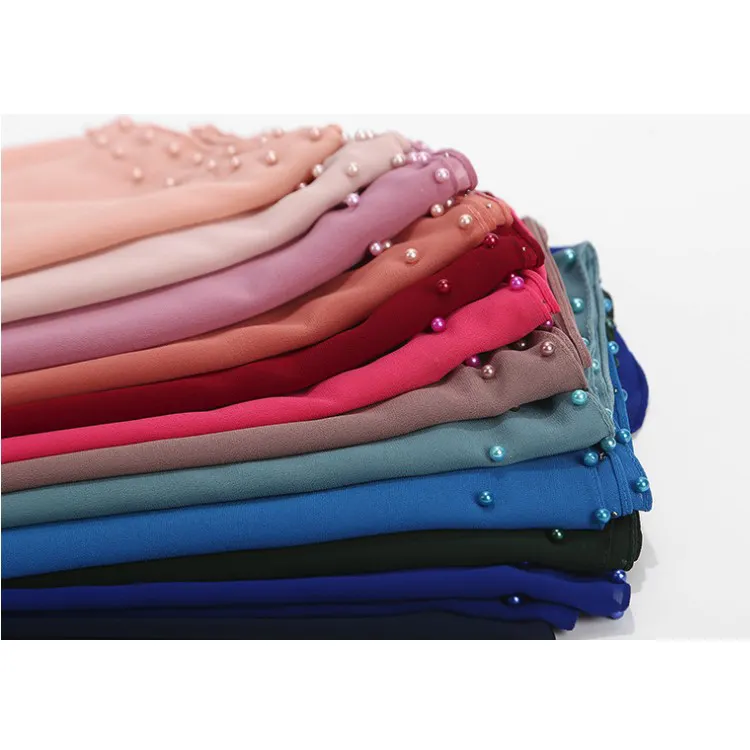 Wholesale Fashion Muslim Women Hot Sell Malaysia tudung Scarf Plain bubble Chiffon stock hijab with colorful beads