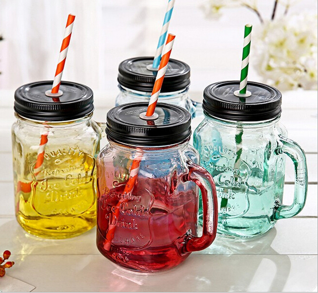 Mason Glass Drinking Jars Cocktail Glass Mugs Handle Tin Lid Straws Set