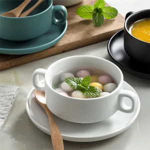 Alat Makan Matte Murah Putih Dua Pegangan Keramik Mangkuk Sup Makanan Penutup dengan Nampan
