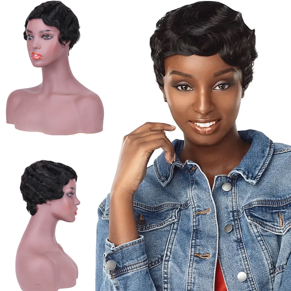 2019 HOT Sell Peruvian Remy Hair Short Wet and Wavy Pixie Cut Wig Ocean Wave None Lace Human Hair Wig for Black Women